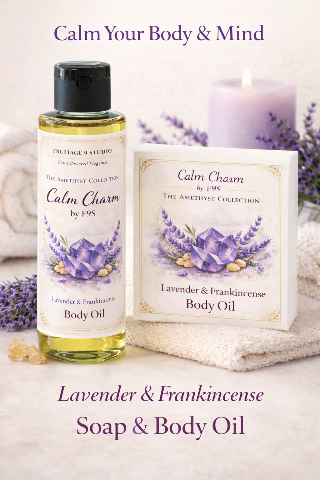 The Amethyst  Collection Calm Charm by f9s lavender & Frankincense Body Oil - Set Available